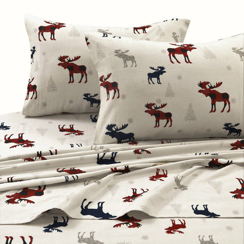 Moose Plaid 170-GSM Flannel Printed Extra Deep Pocket Sheet Set